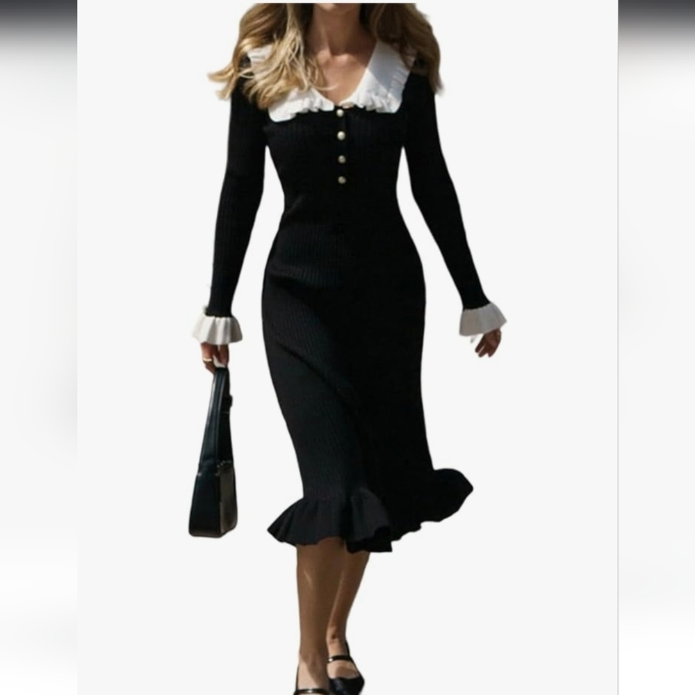 Chic Black and White Long Sleeve Dress - Picture 1 of 16